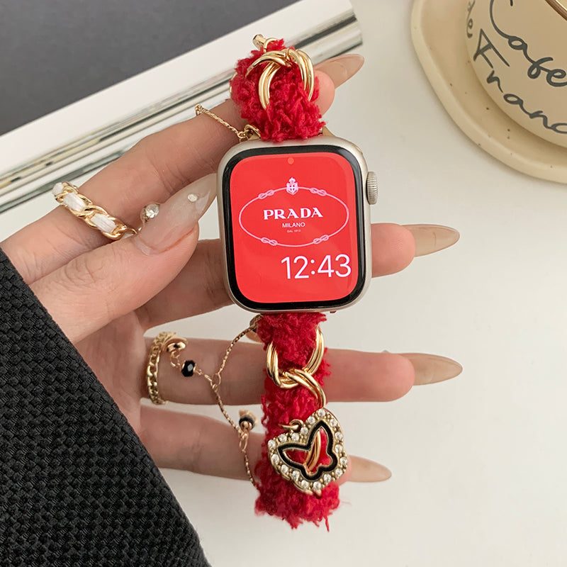 For Apple Watch Series 9 8 7 41mm / SE (2023) SE (2022) SE 6 5 4 40mm / 3 2 1 38mm Plush Watch Band with Pendants - Red / Butterfly For Apple Watch Series 9 8 7 41mm / SE (2023) SE (2022) SE 6 5 4 40mm / 3 2 1 38mm Plush Watch Band with Pendants - Red / Butterfly